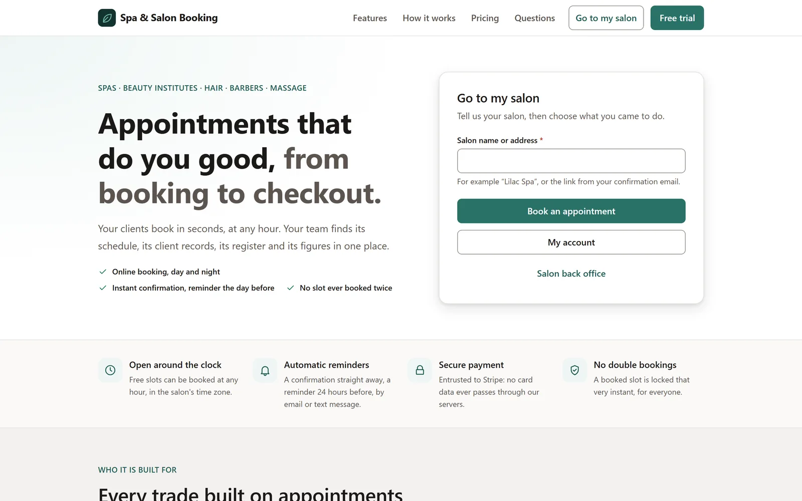 SaaS landing page: booking and salon access