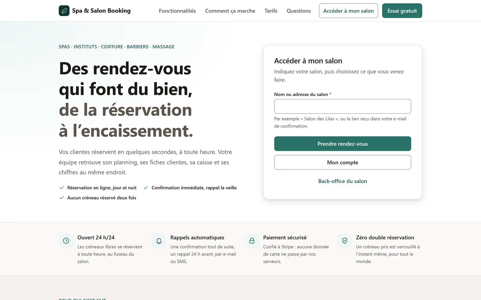 Page d'accueil du SaaS : prise de rendez-vous et accès au salon